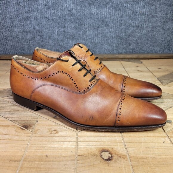 Magnanni For Neiman Marcus Mens 10M Cognac Leather Cap Toe Brogue Dress  Oxford - Picture 1 of 13